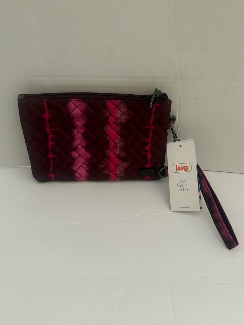 LUG Peekaboo RFID Pouch Wristlet Purse Shibori Wine/Pink/Maroon